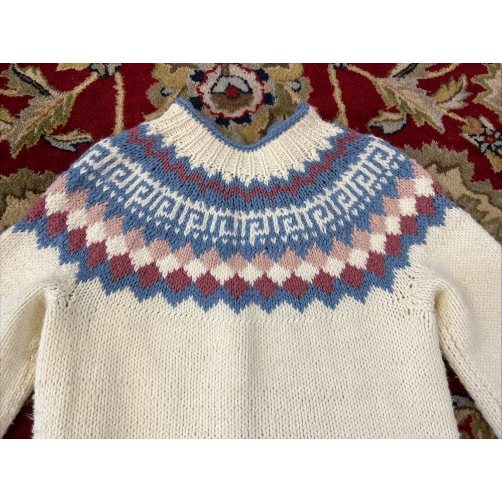 Women's M Ivory Hand Knit Fair Isle Scandinavian Cardigan Sweater Acrylic Wool - Picture 10 of 14